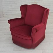 1960s, Danish armchair, red furniture velour, beech wood legs.