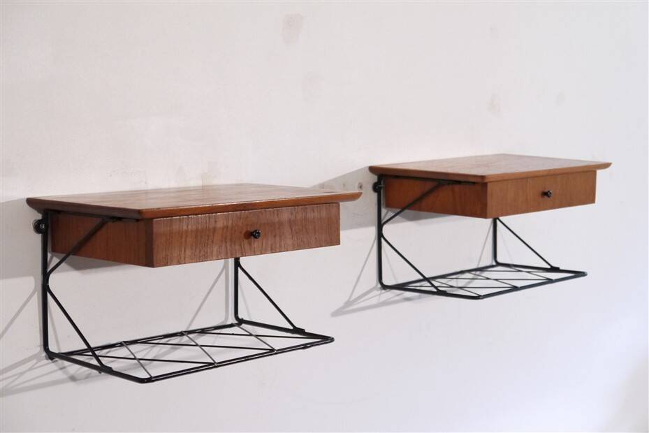 Pair of hanging bedside tables in teak and metal, 1960