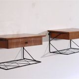 Pair of hanging bedside tables in teak and metal, 1960