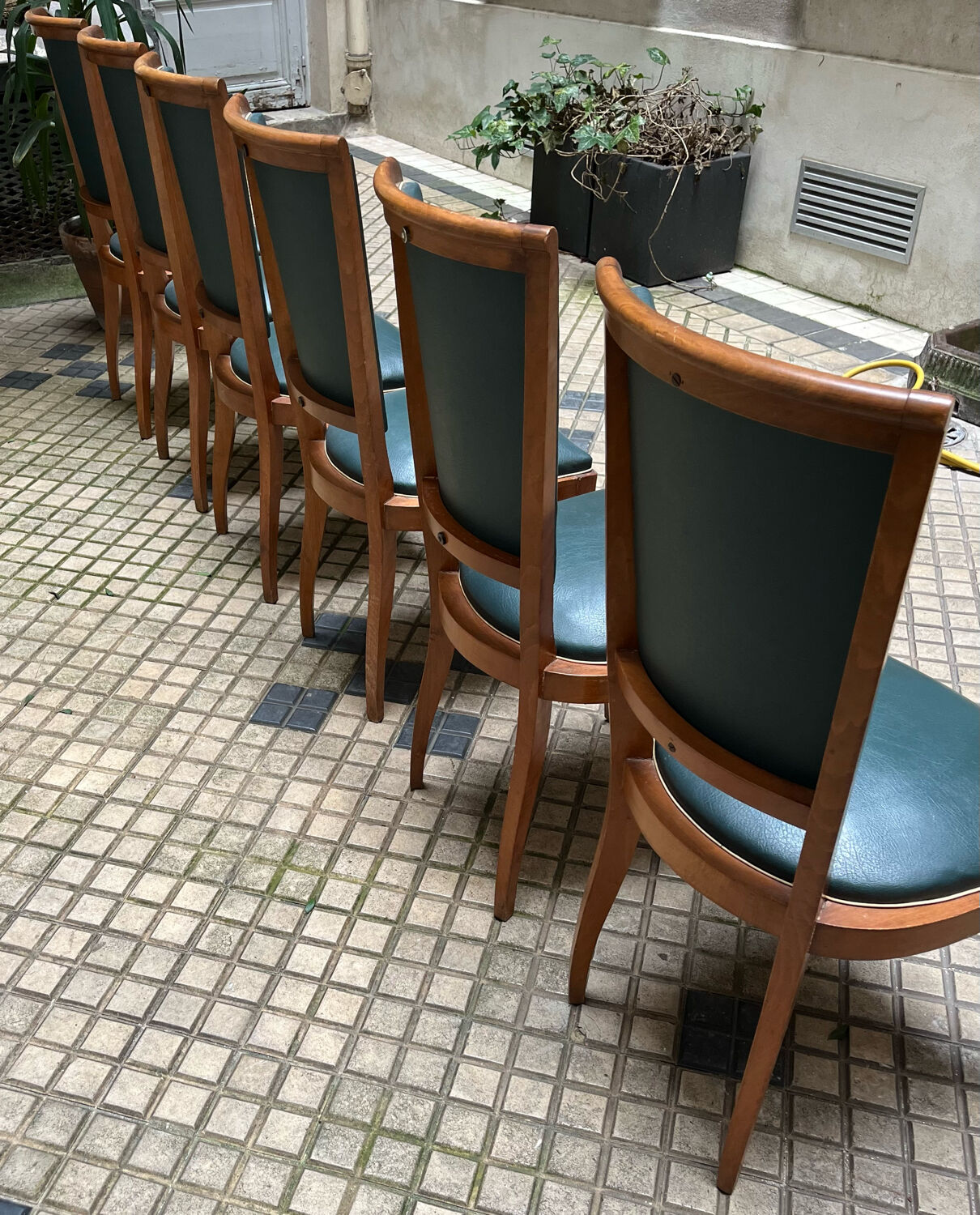 Green art deco chairs in skaï and wood