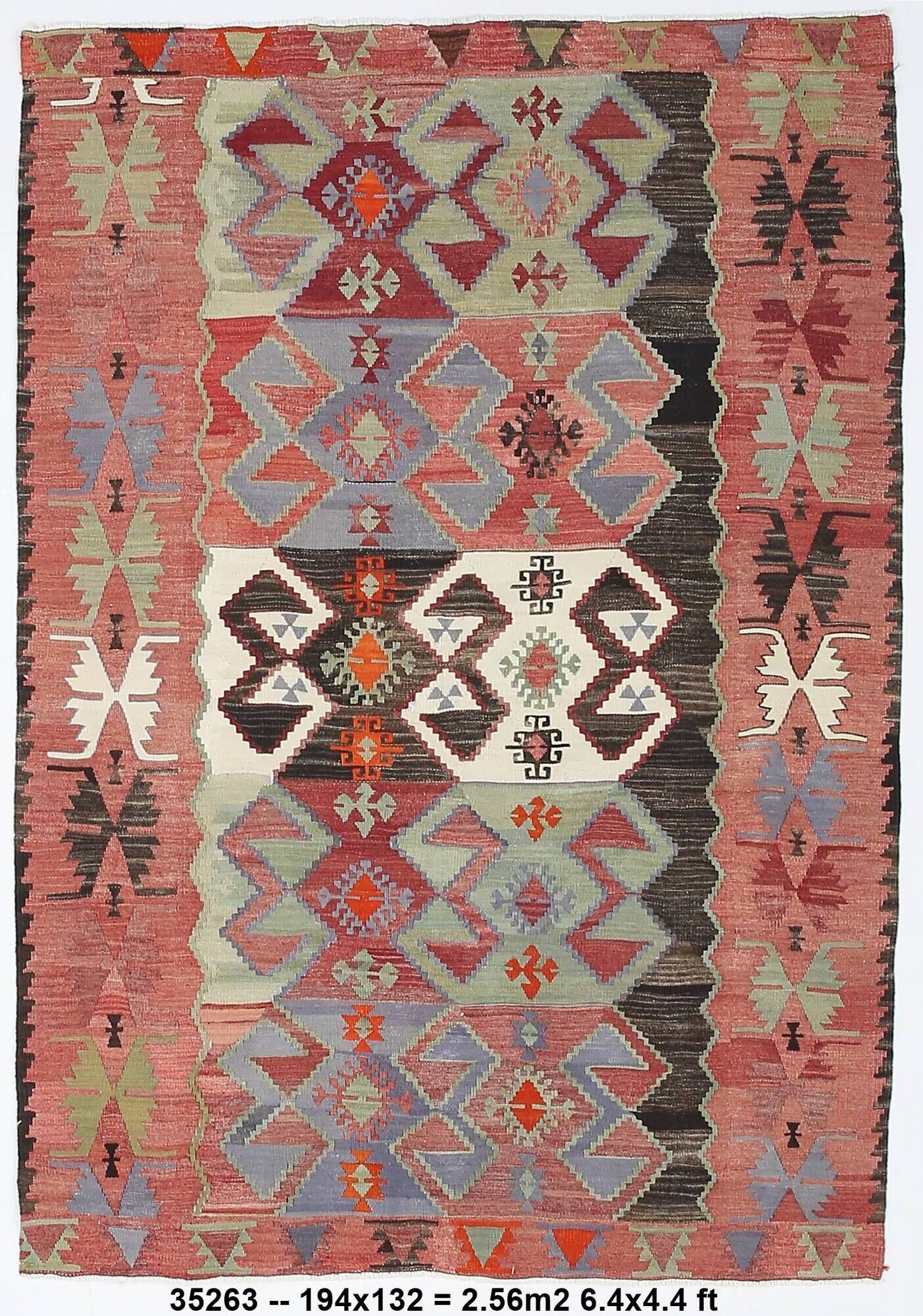 Vintage Red & Green Geometric Turkish Kilim Rug, 132x194Cm