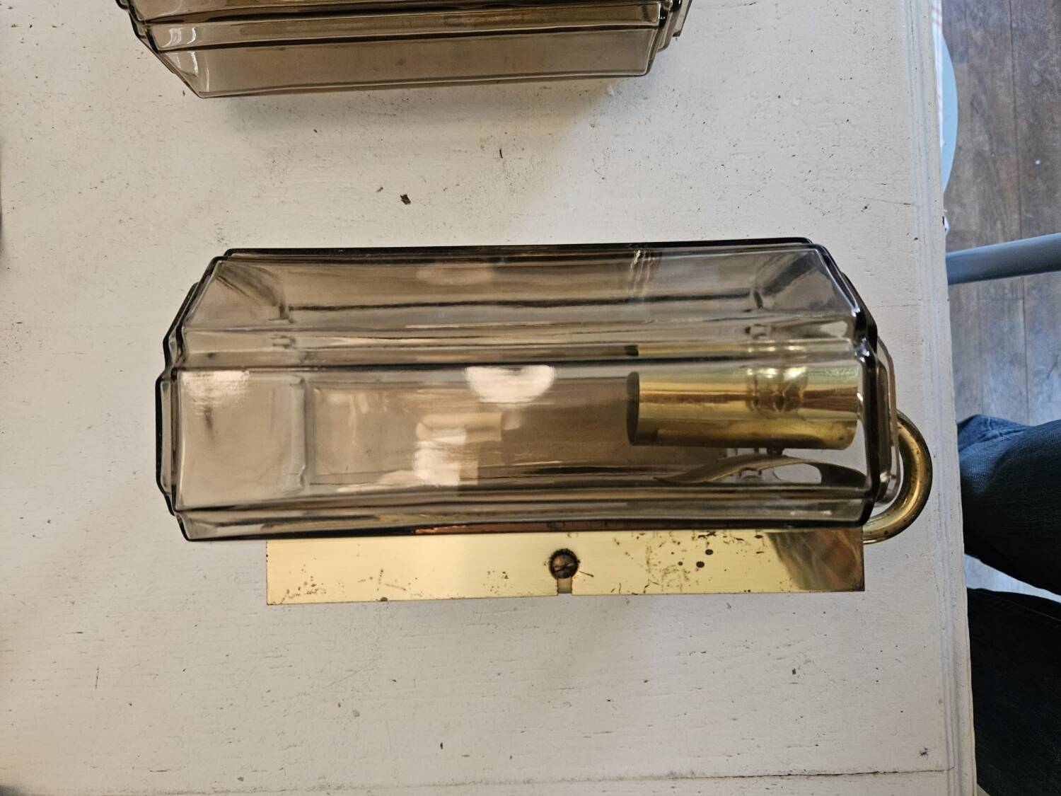 Pair of glass and brass wall lights, 1960s.