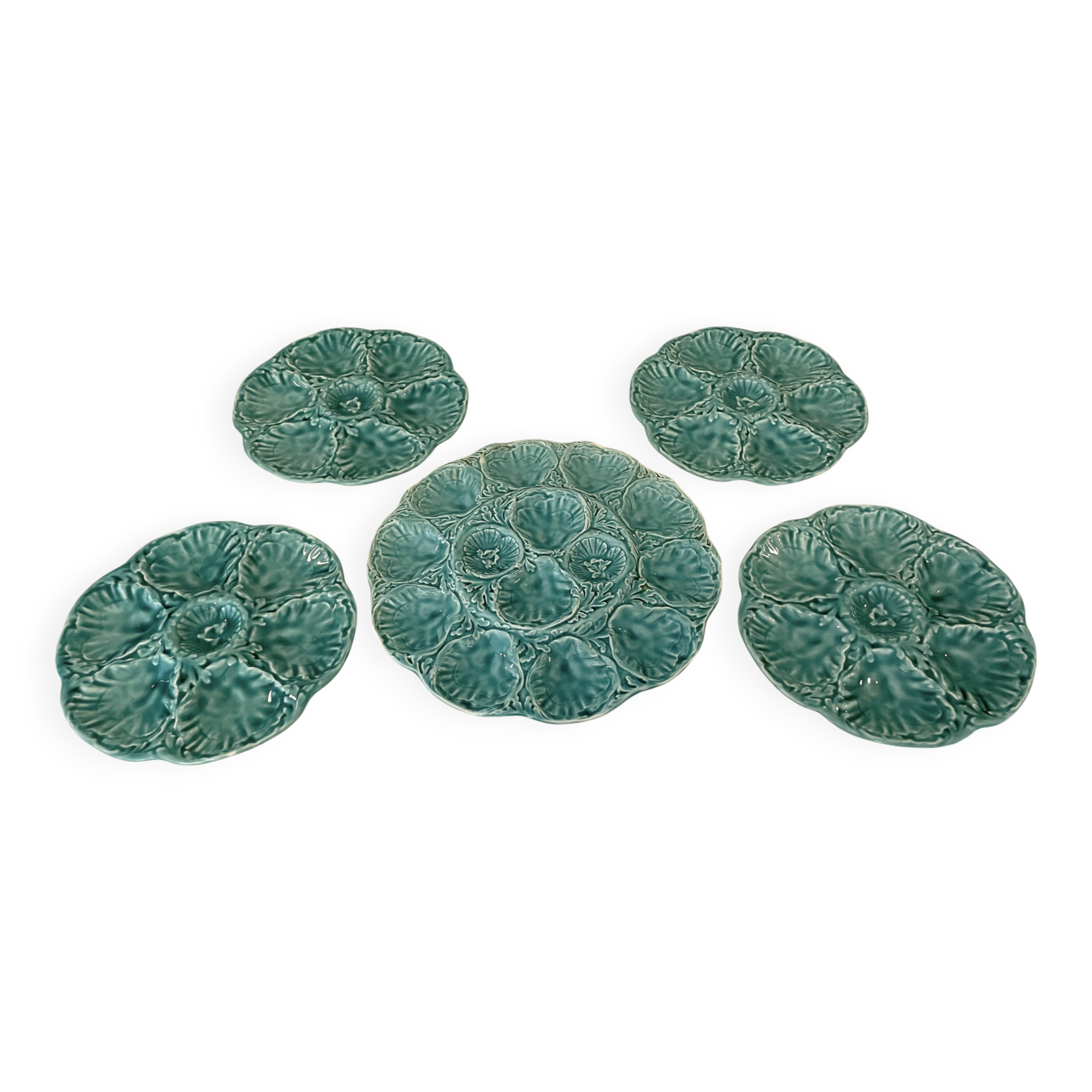 Dish and 4 turquoise faience oyster plates from Gien, France.