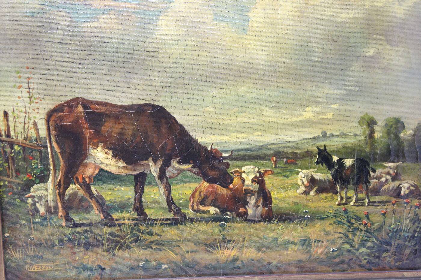 Tableau by r. vezzoli oil painting cows in the field canvas 60x52 cm