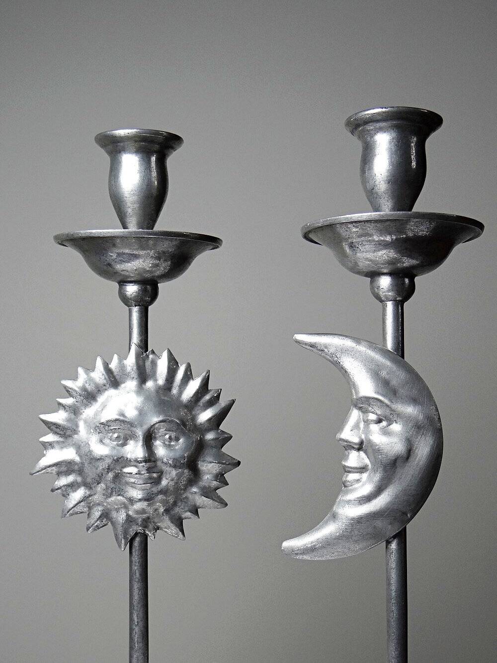 Pair of handcrafted candle holders Sun & Moon vintage mid-century silver-plated tin