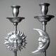 Pair of handcrafted candle holders Sun & Moon vintage mid-century silver-plated tin