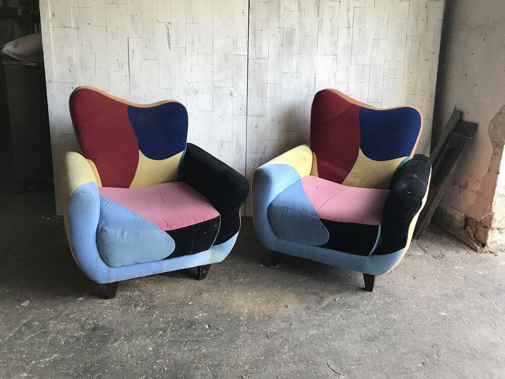 Set de 2 fauteuils Mid-Century multicolores en tissu, pieds peints noirs