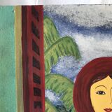 Tableau huile scène d'intérieur japonais