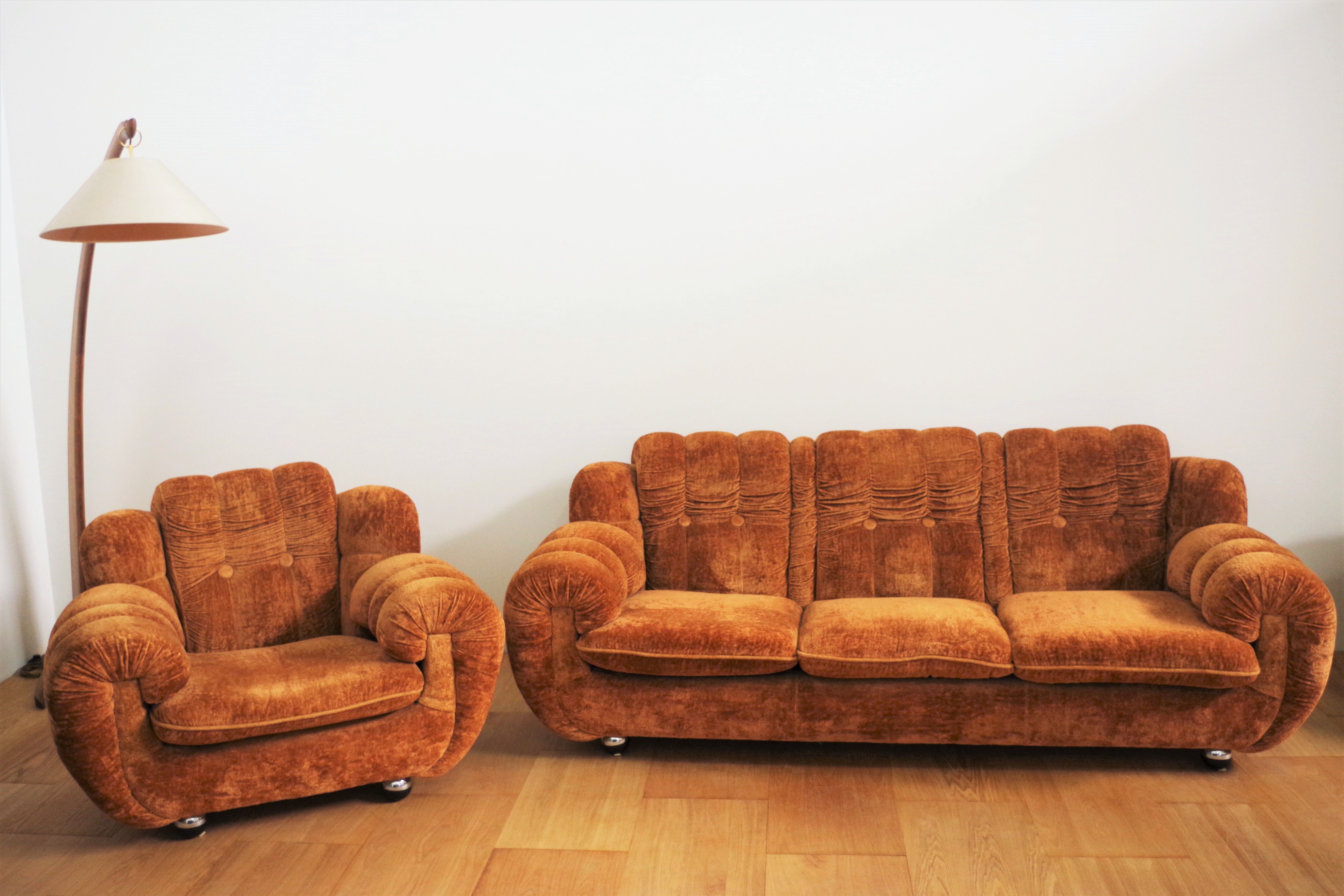 Velvet armchairs and sofa, 1970s, set of 3