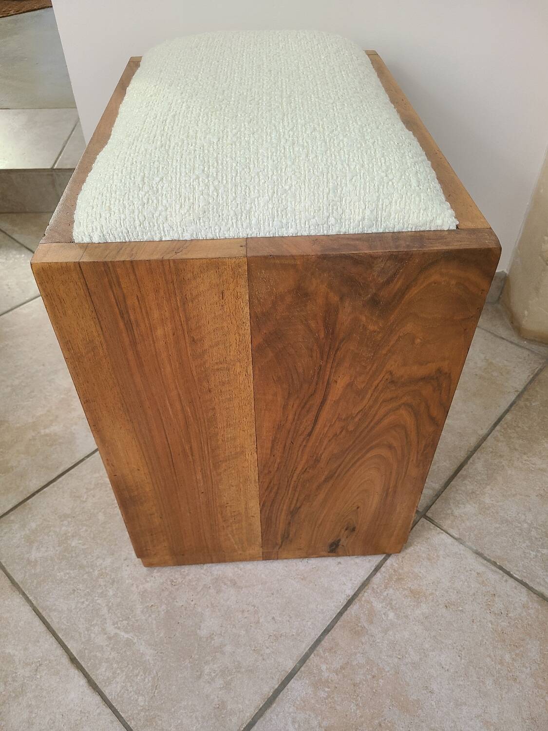 Antique Art Deco piano bench stool rosewood white bouclette fabric