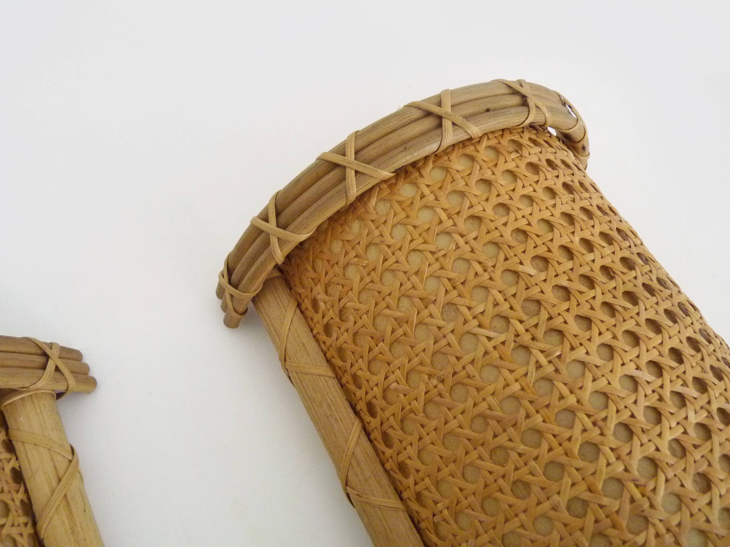 Pair of Vintage Rattan Cane Wall Sconces with Pull Chain