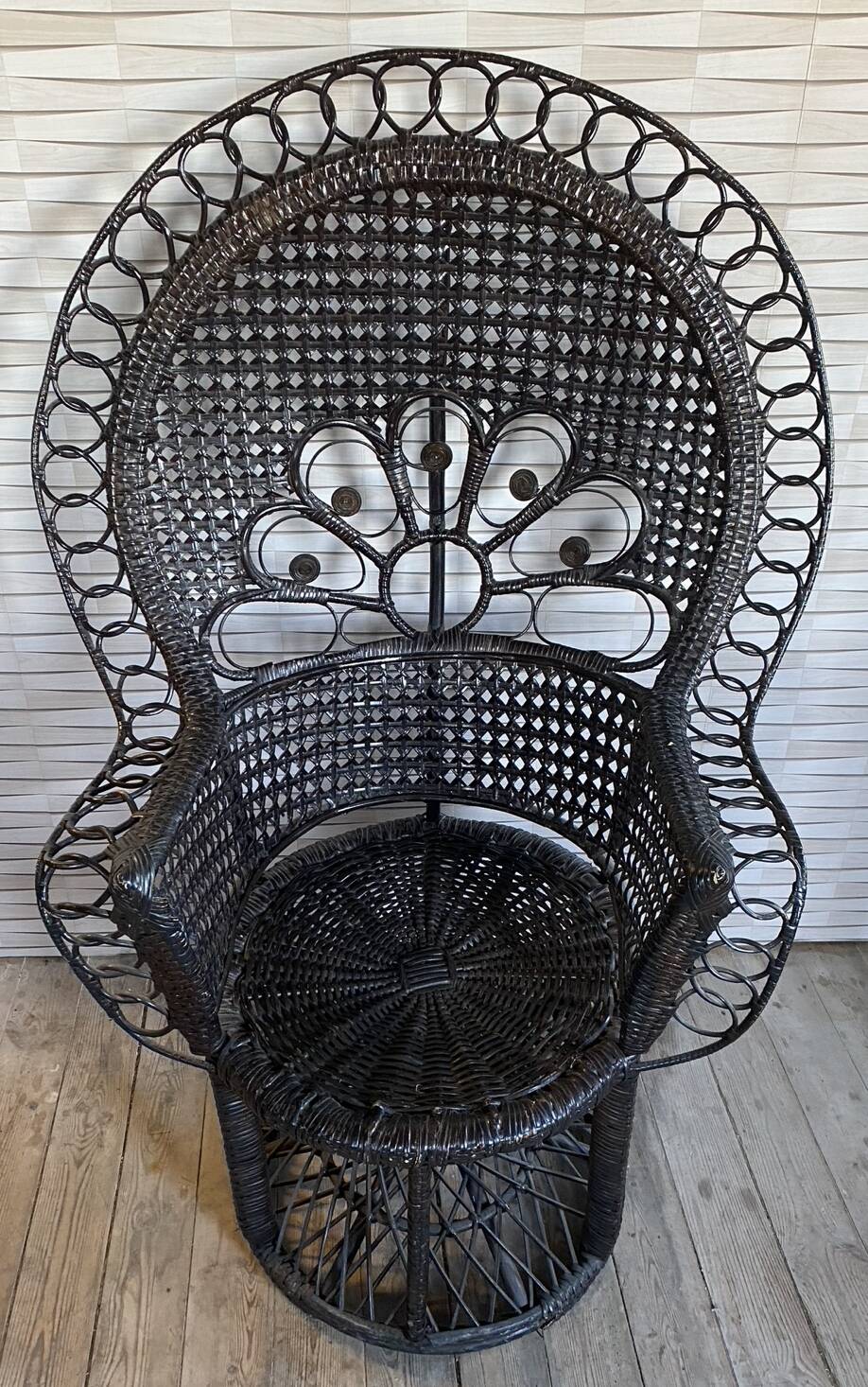 Emmanuelle armchair, peacock tail, rattan, wenge, vintage, 70s