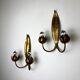 Pair of Spanish foliage wall sconces, leaf arms & bud shades, gilt iron, 1960s