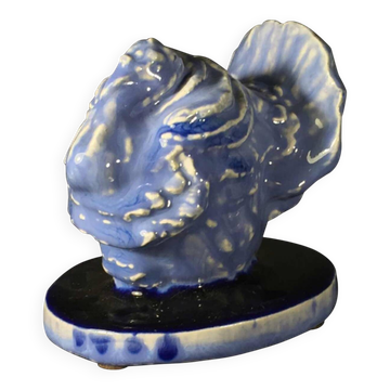 Sculpture animalière Art déco en céramique bleue, Dindon, dinde, 1930
