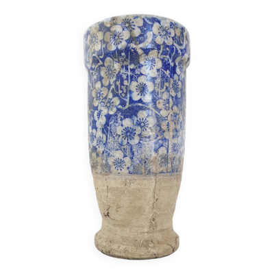 Magnifique vase tres ancien ceramique terre cuite fleurs bleues & blanches