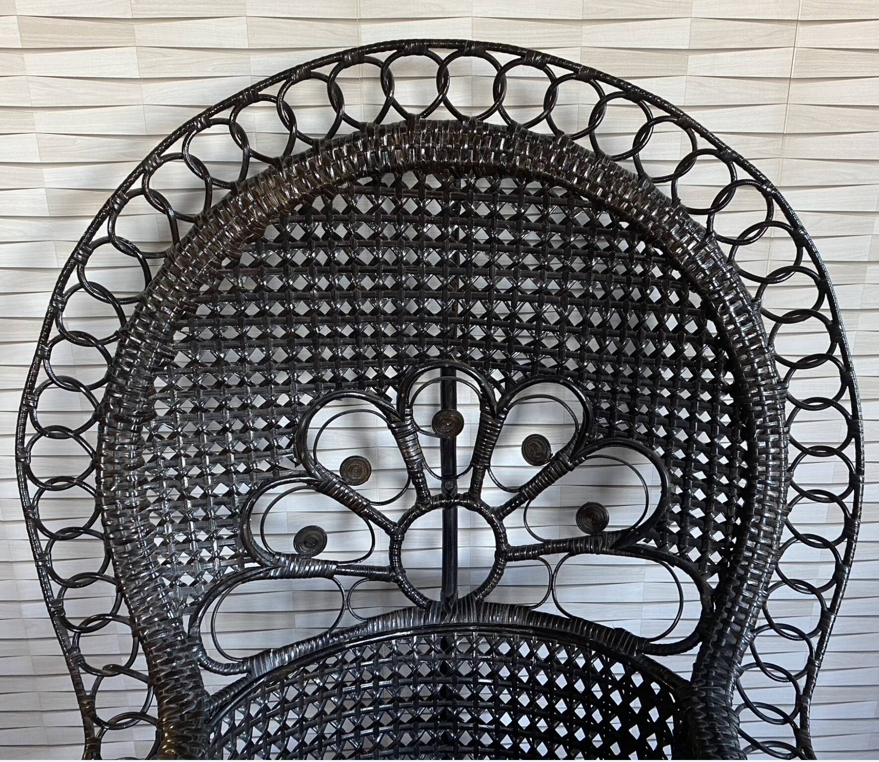 Emmanuelle armchair, peacock tail, rattan, wenge, vintage, 70s