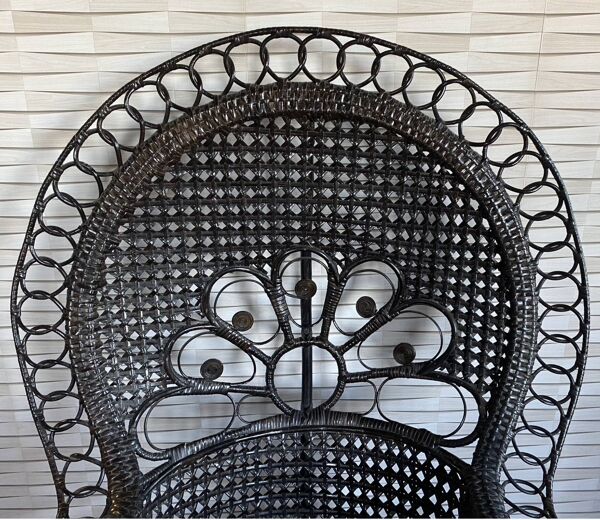 Fauteuil Emmanuelle, queue de paon (peacock), rotin, wengé, vintage, années 70