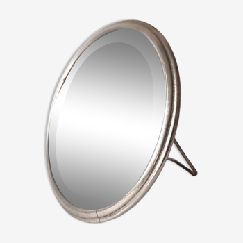 Adjustable Beveled Round Mirror in Metal Frame for Table or Wall