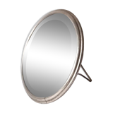 Adjustable Beveled Round Mirror in Metal Frame for Table or Wall