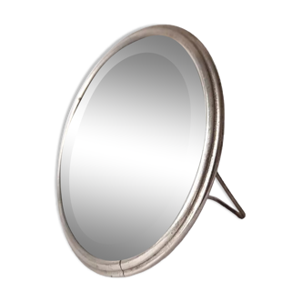 Adjustable Beveled Round Mirror in Metal Frame for Table or Wall
