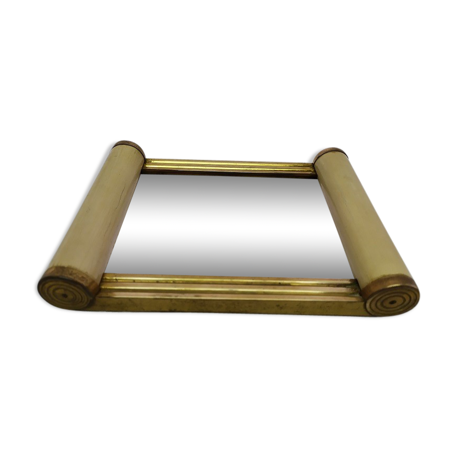 Vintage antique wood brass parchment mirror 22x16cm