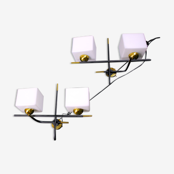 Maison Arlus, pair of double wall lamps black & brass, mid-century France