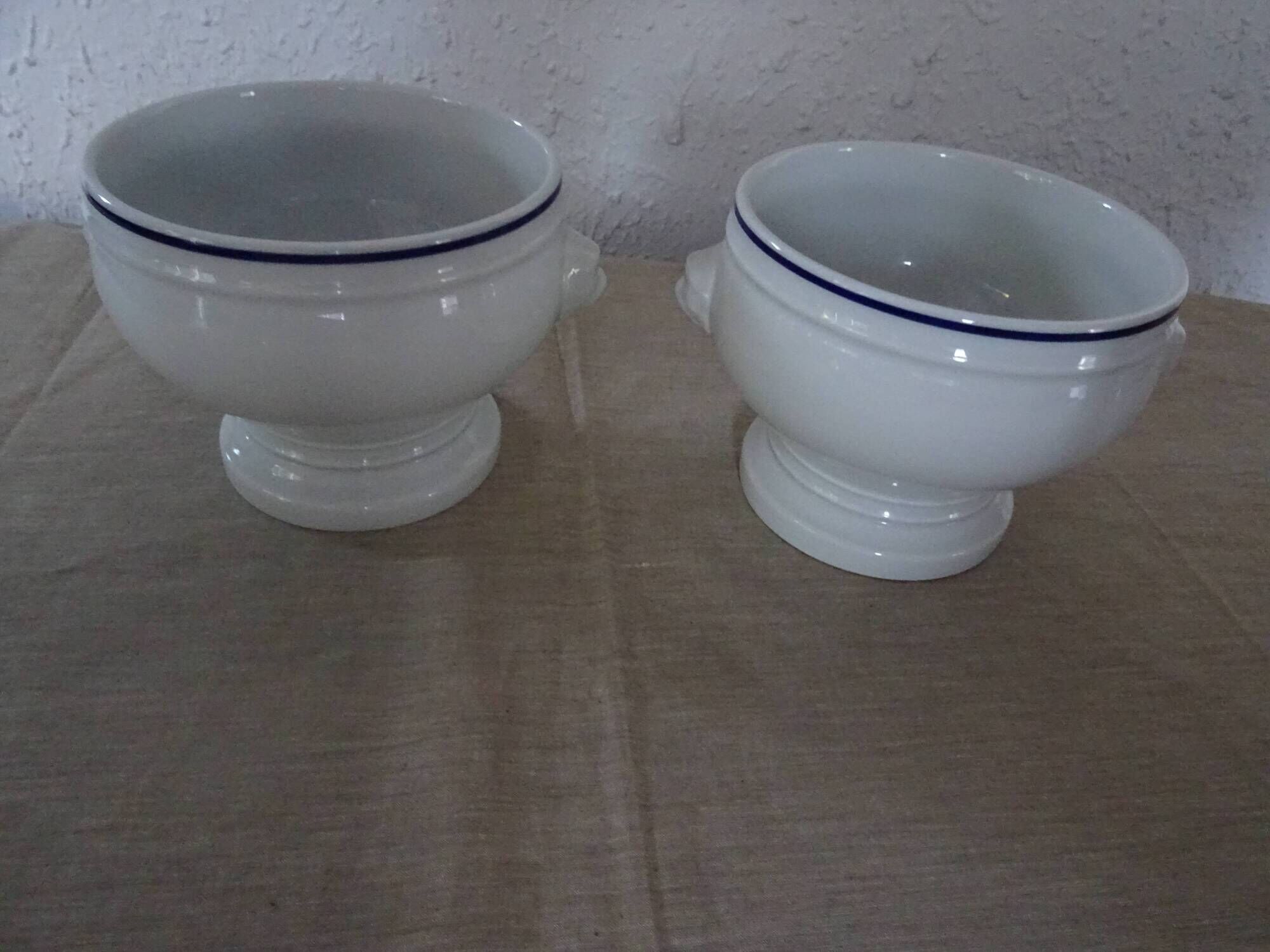4 Large bowls salad bowls + 2 cups PILLIVUYT blue decoration boat G. CAOUDAL