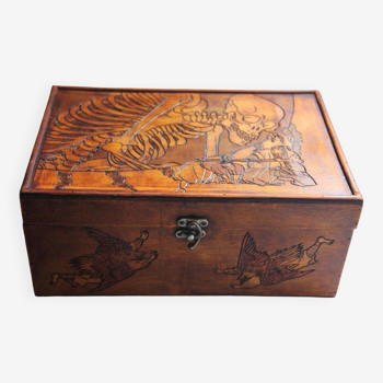 Vintage engraved wooden box, Japanese yokai patterns