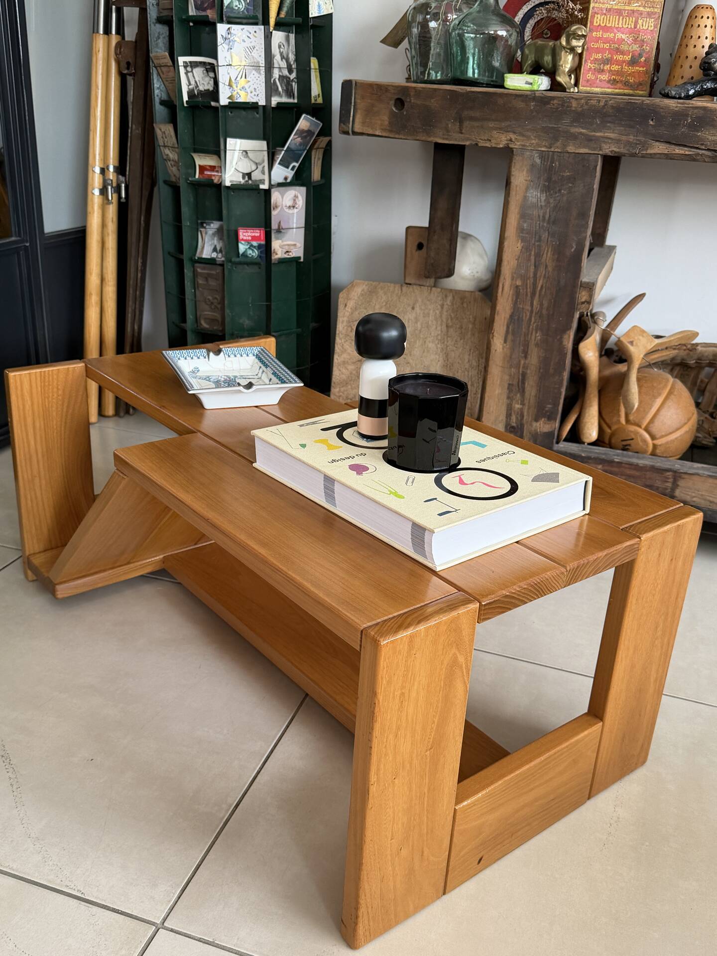 Brutalist coffee table in solid elm — Maison Regain (1970s)