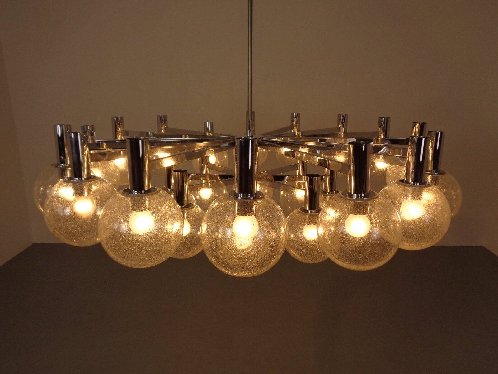 Large chromed spider Sputnik lamp with 24 hand-blown ice glass balls from Ott International, Germany, 1960s.