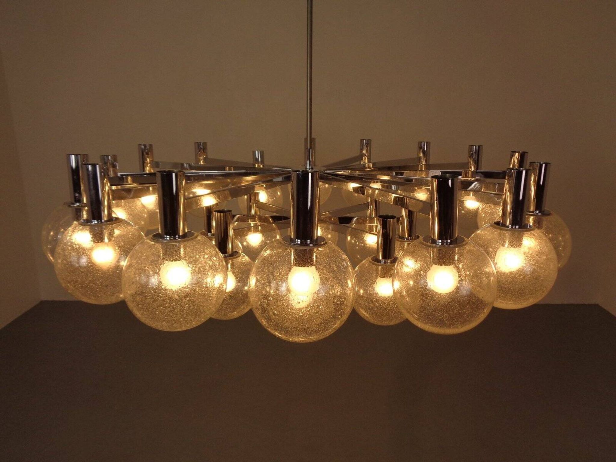Large chromed spider Sputnik lamp with 24 hand-blown ice glass balls from Ott International, Germany, 1960s.