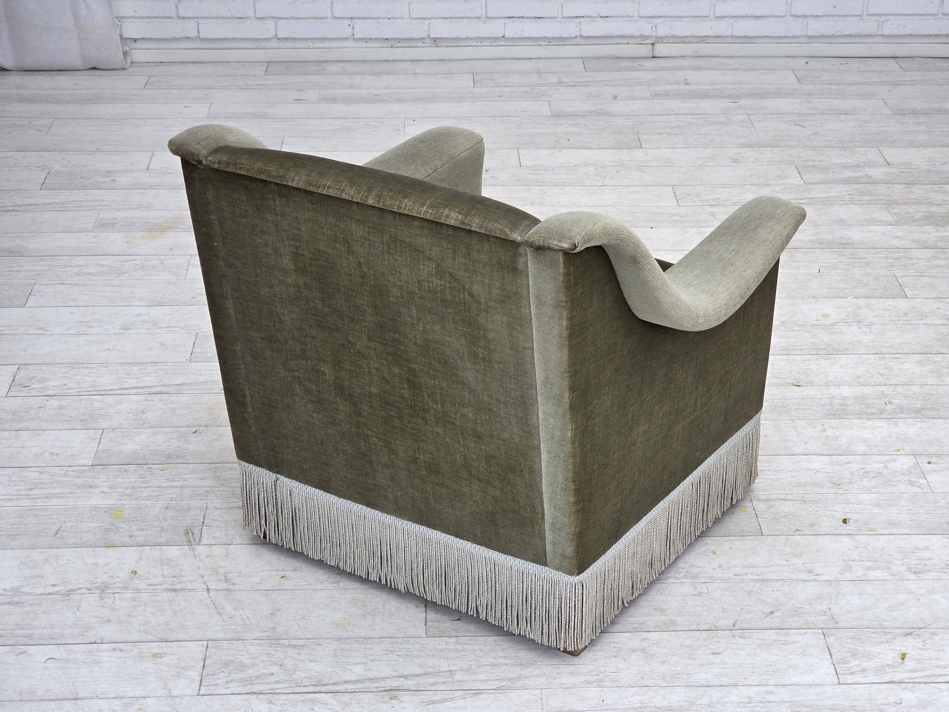 1970s, Danish armchair, original green furniture velour, beech wood.