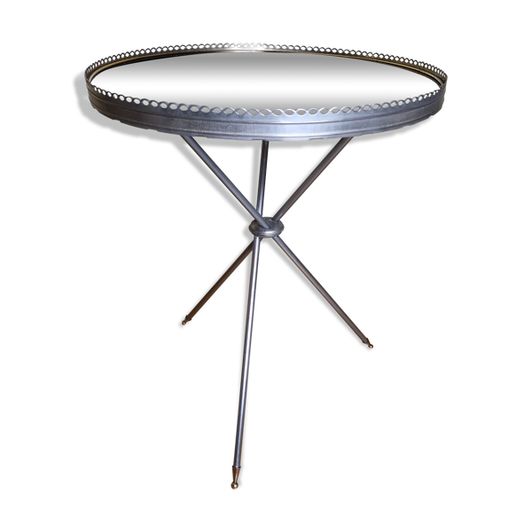 Guéridon vintage tripode en métal et verre, piètement en laiton, années 50-60