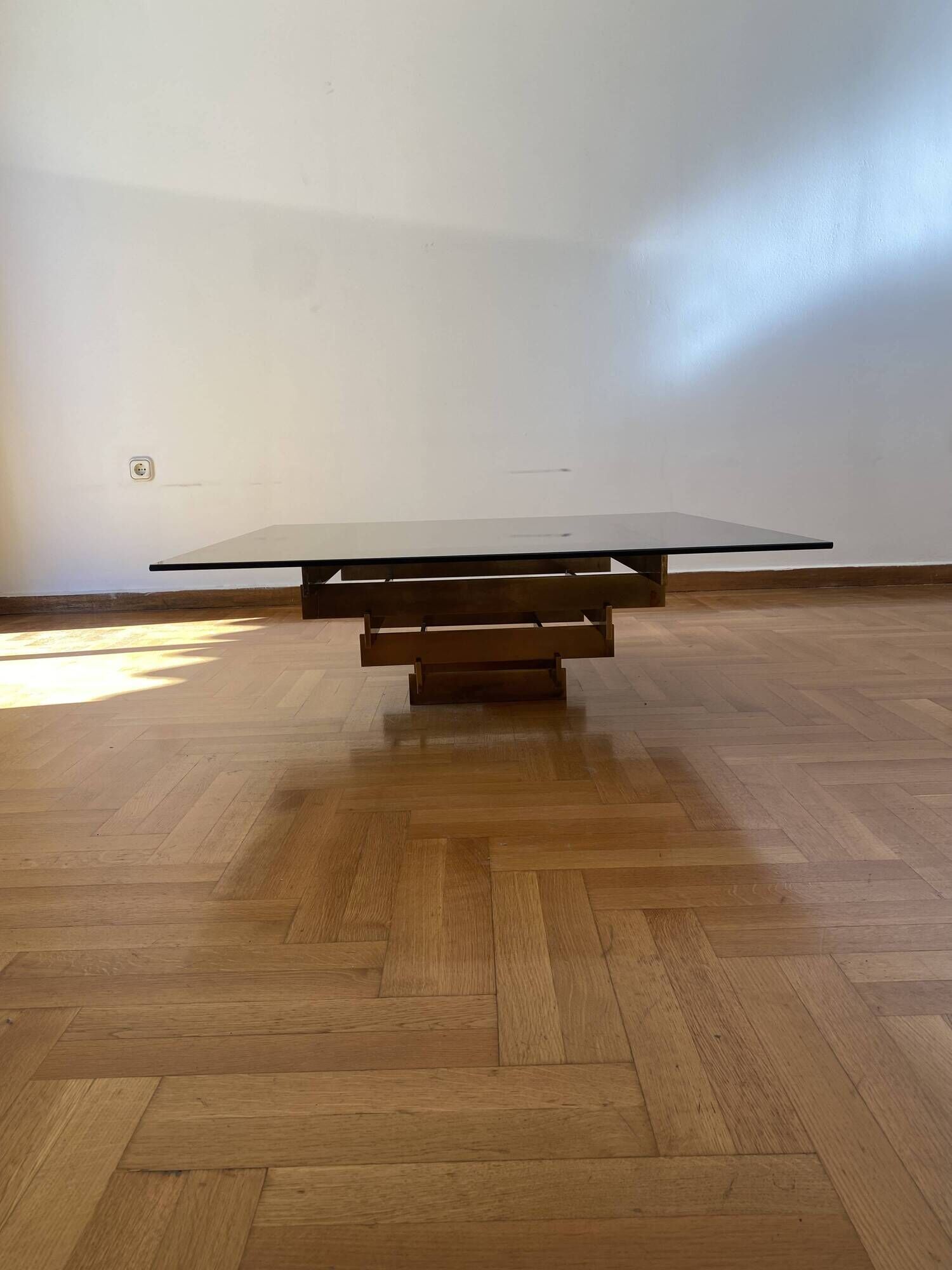 Vintage 1970s Square Coffee Table in Brass and Smoked Glass, David Hicks