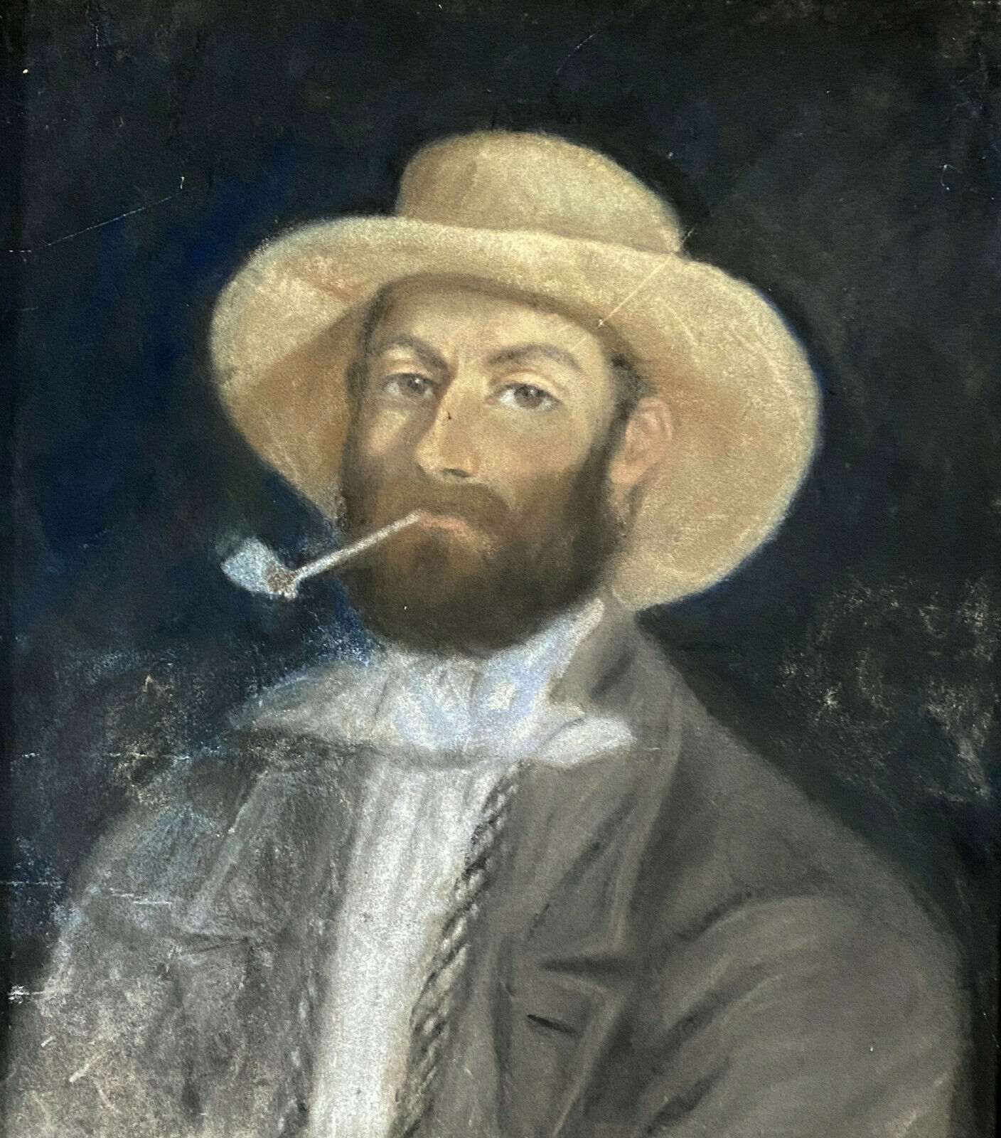 French school around 1900 the man in pastel hat on a black background