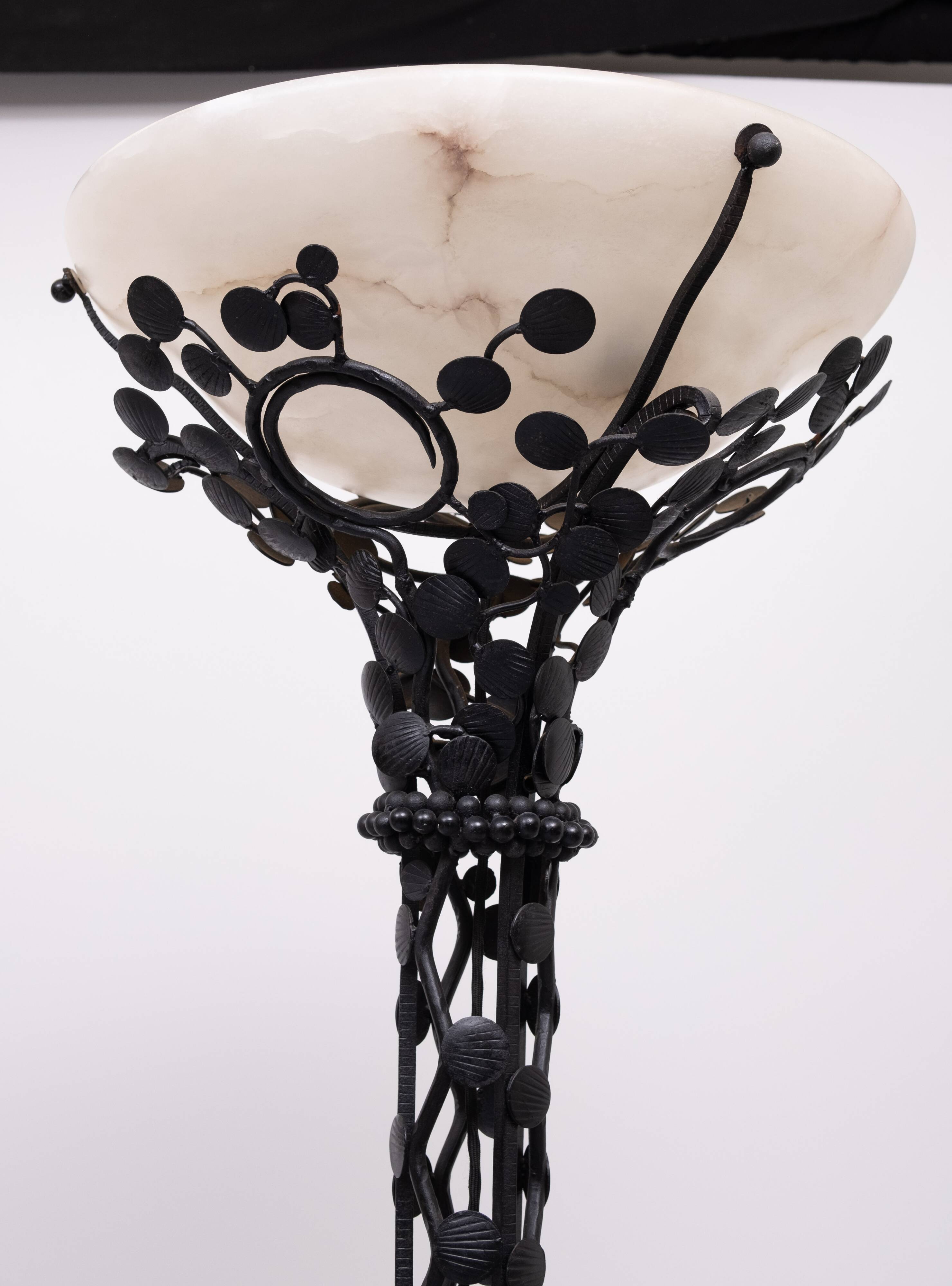 Edgar Brandt style Art Deco floor lamp in wrought iron with alabaster cup