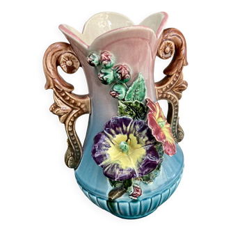 Barbotine vase with flower decoration - early 20th century