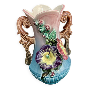 Barbotine vase with flower decoration - early 20th century