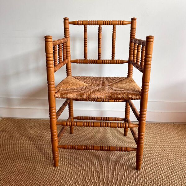 Chaise hollandaise antique à bobines avec assise en paille