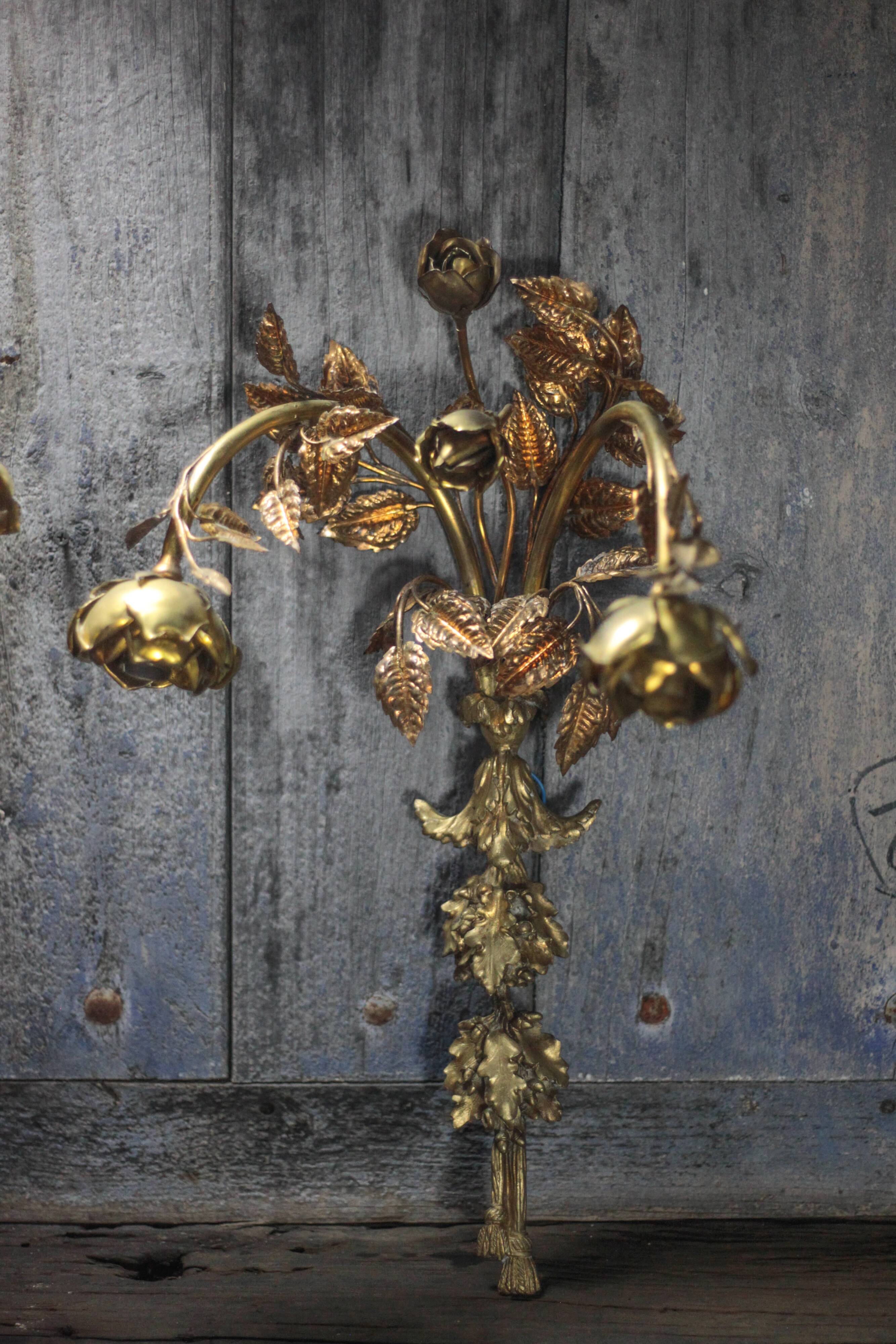 Pair of bronze and gold metal floral wall sconces, flower wall lamp.