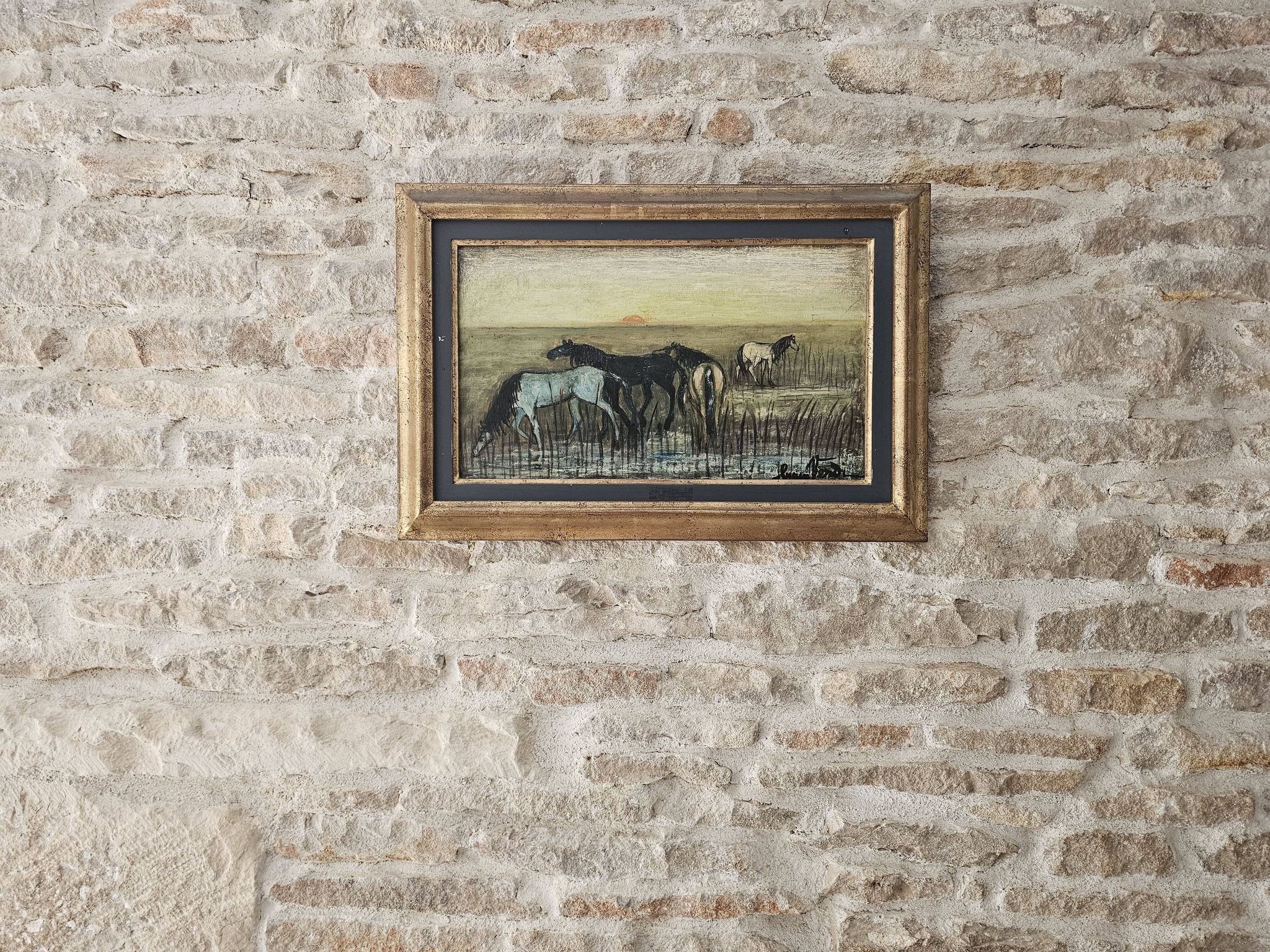 Oil on Panel, Barbizon School - Horses in the Meadow, Signed Lucien V