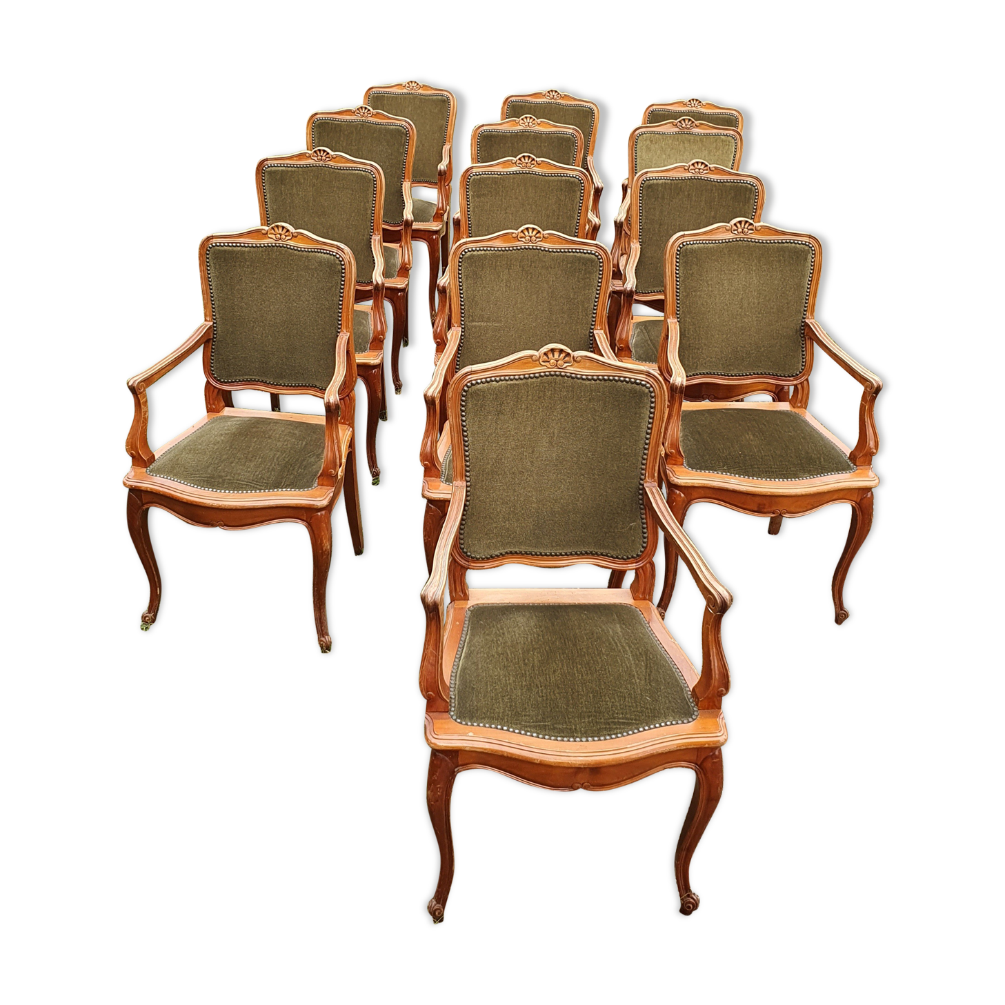 13 Louis XV style armchairs in olive green velvet
