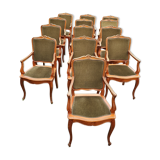 13 Louis XV style armchairs in olive green velvet
