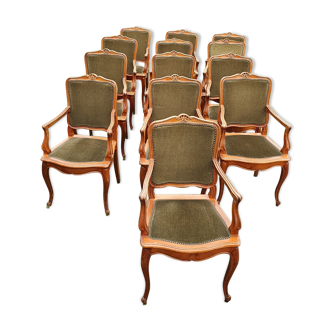 13 Louis XV style armchairs in olive green velvet