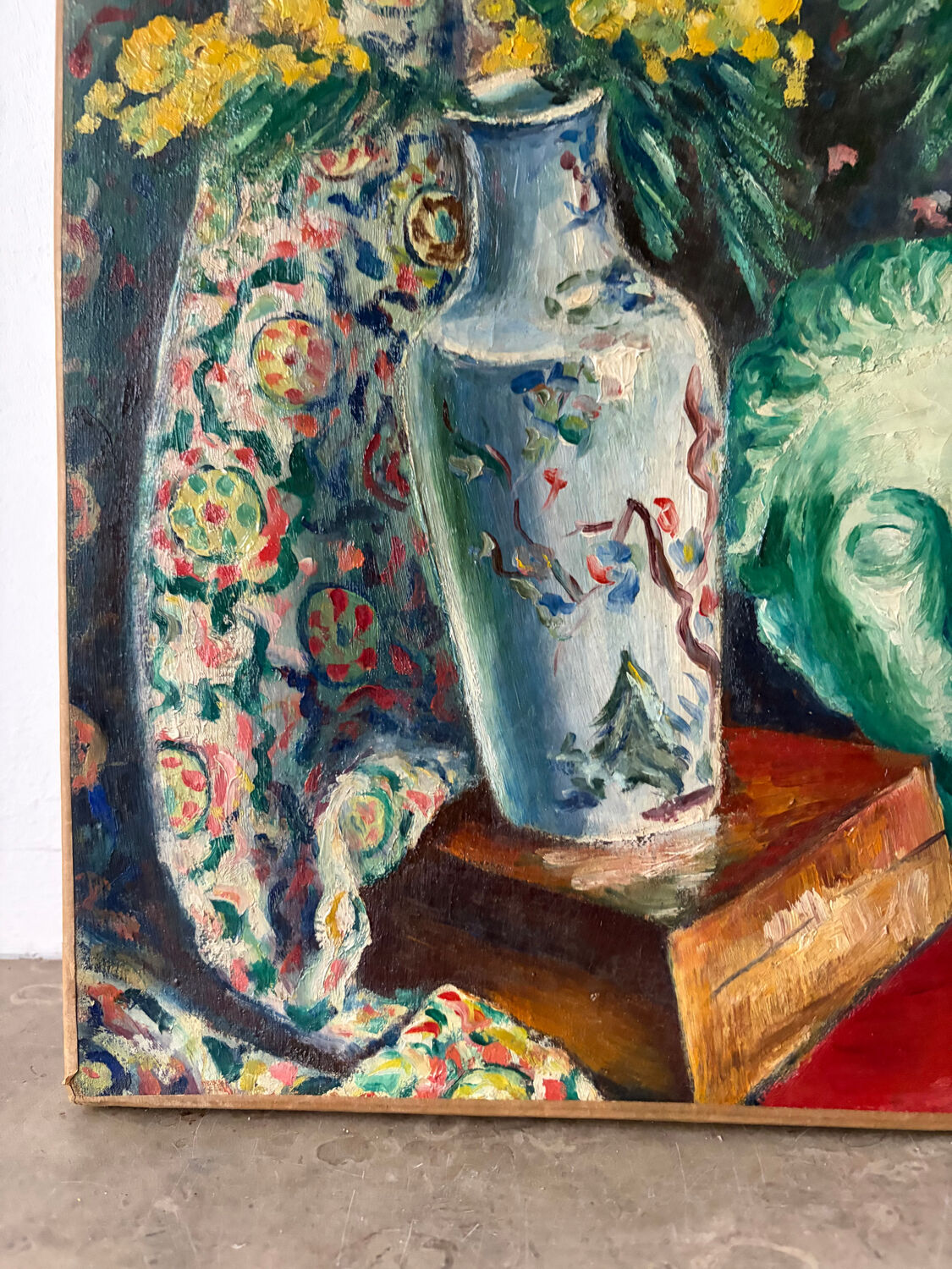 Still life with vase, bust and forsythia, oil on canvas signed