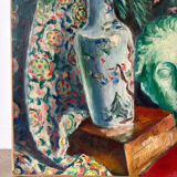 Still life with vase, bust and forsythia, oil on canvas signed