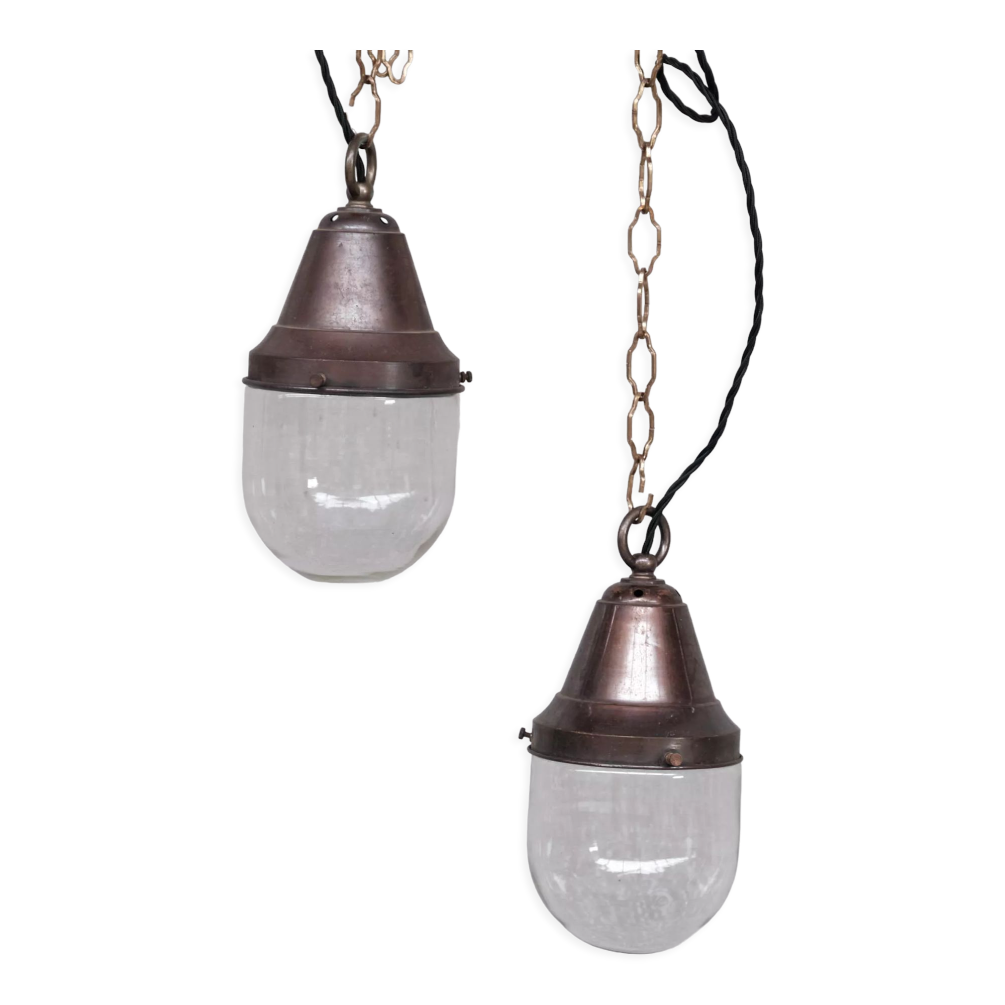 Pair of brass and clear glass industrial pendants