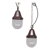 Paire de suspensions industrielles en laiton et verre
