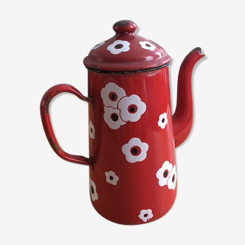 Cafetière vintage en tôle emaillée fleurie