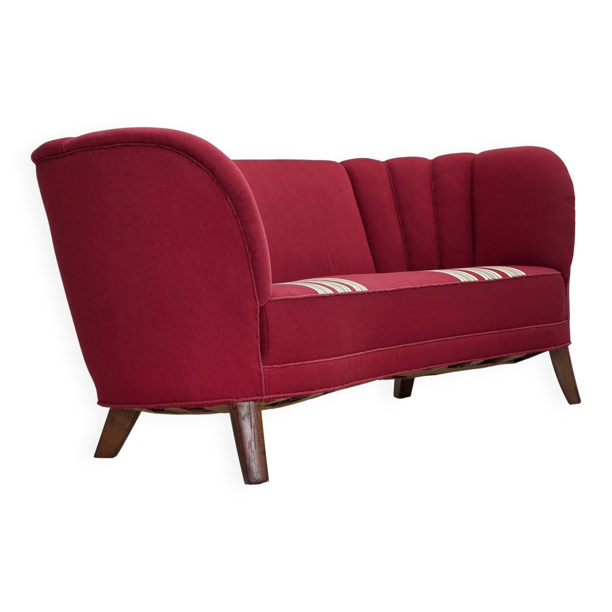 1960s, Danish 2-seater "Banana" sofa, furniture wool, oak wood legs.